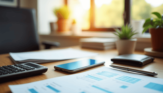 A desk with documents and a calculator for personal installment loans.